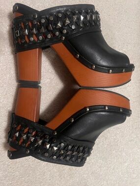 Studded Black Leather Platform Mules with Chunky Tan Heel